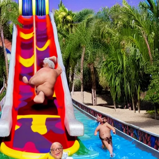 Image similar to danny devito sliding down a very tall waterslide movie still