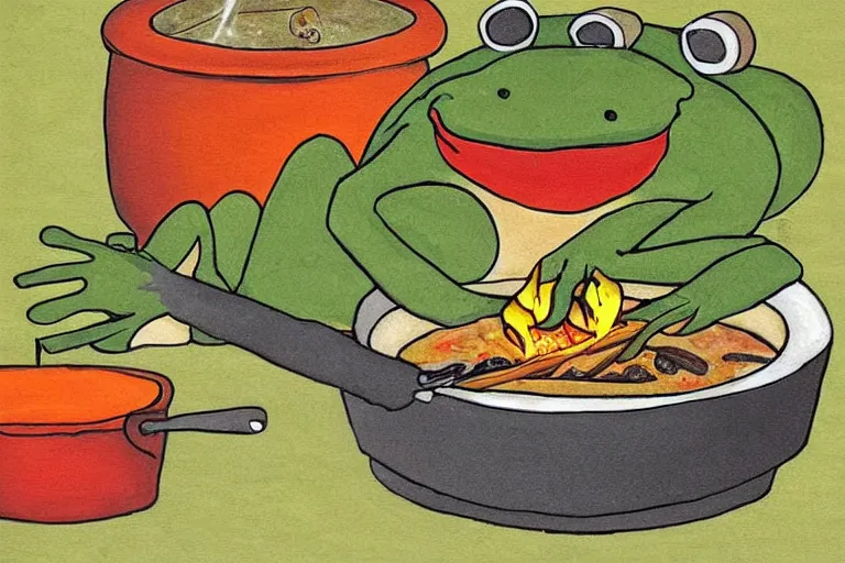 Image similar to frog cooking a pot of stew, folk art, childrens book illustration