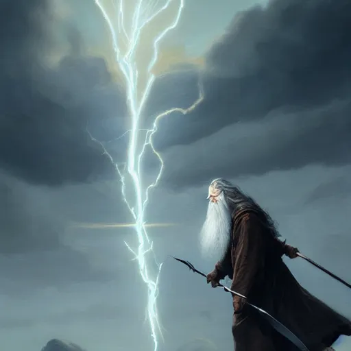 Image similar to gandalf casts a lightningbolt, dramatic lighting, chiaroscuro, high detail, painted by greg rutkowski, painted by igor kieryluk, painted by bobby chiu, trending on artstation