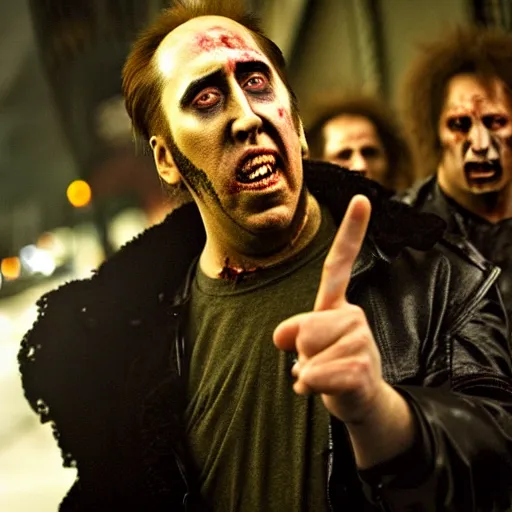 Image similar to uhd candid photo of zombie nicholas cage ranting maniacally on skid row. correct face, intricate details, hyperdetailed, accurate face. photo by annie leibowitz