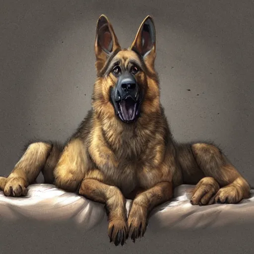 Image similar to a humanoid german shepherd beast - man in military style, sitting on the carpeted floor beside a bed, highly detailed portrait, digital painting, artstation, concept art, smooth, sharp foccus ilustration, artstation