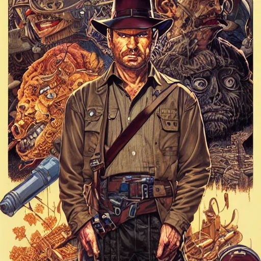 Image similar to portrait of crazy indiana jones, symmetrical, by yoichi hatakenaka, masamune shirow, josan gonzales and dan mumford, ayami kojima, takato yamamoto, barclay shaw, karol bak, yukito kishiro