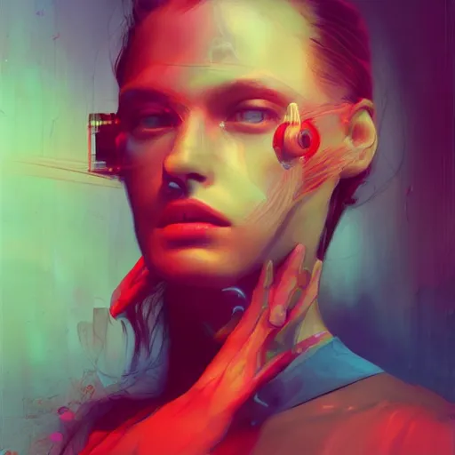 Image similar to 3 d, sci - fi, morning, sleepy fashion model face, sun, neon, cinematic, lightning clouds, vogue cover style, poster art, light red and deep blue mood, realistic painting, intricate oil painting, high detail, figurative art, multiple exposure, poster art, 3 d, by tooth wu and wlop and beeple and greg rutkowski