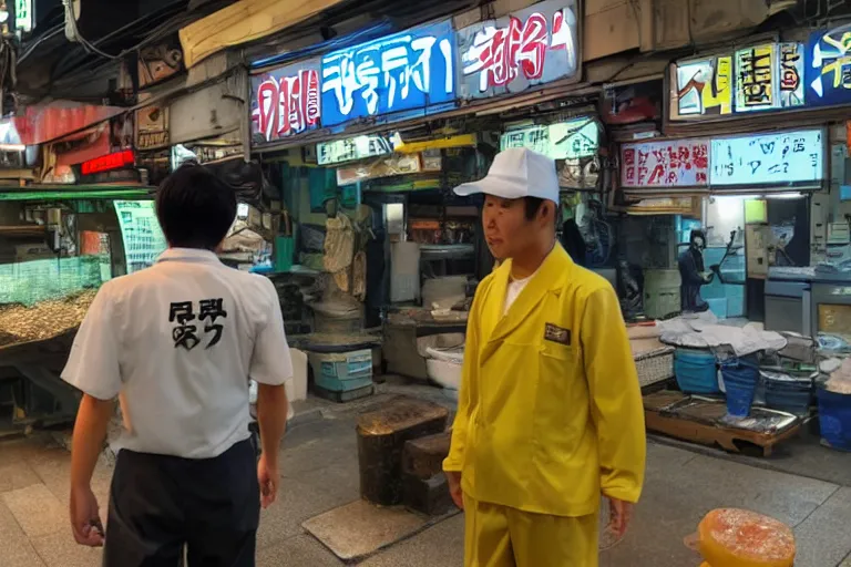 Image similar to tokyo fish market worker in the style of vincent di fate's cyberpunk 2 0 2 0.