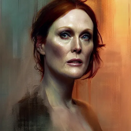 Image similar to julianne moore, hyperrealistic portrait, bladerunner street, art of elysium by jeremy mann and alphonse mucha, fantasy art, photo realistic, dynamic lighting, artstation, poster, volumetric lighting, very detailed face, 4 k, award winning