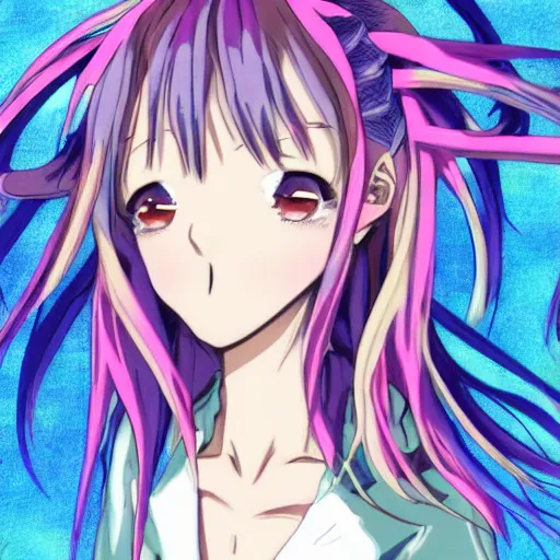 Prompt: anime drawing of a young woman of middling height with a light complexion, hair reaches near her mid-back and forms rounded locks mainly blue in coloration, but with thin, pink-colored streaks running through, blunt bangs fall on her forehead, split near the left, and an ahoge stands up on her head, has horns: a sharp, upward-curving pair emerging from the sides of her head, white in color, that resemble a bull\'s, eyes are large, round, fringed by long lashes, and encompass violet irises, lower face up to the nose is covered by a pink mask with a scalloped edge, trimmed with a white stripe