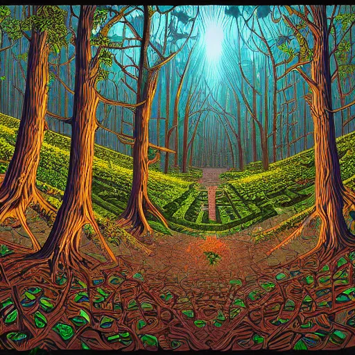 Image similar to a maze in the forest, digital painting by Dan Mumford, panoramic view, light and shadow