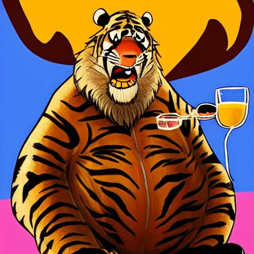 Prompt: dude from the big lebowski drinks bourbon with the tiger from calvin and hobbes, pixar,