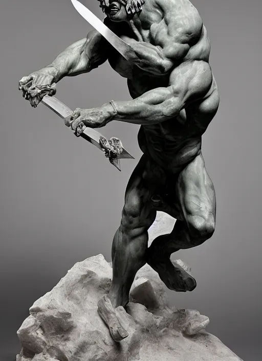 Image similar to a full figure rough marble sculpture of Giant Orc holding a sword, by Rodin and Bernini, studio lighting, kodak film