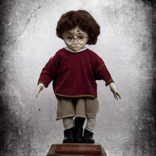 Image similar to Harry potter as a old Old worn antique doll on, white background, award winning photo