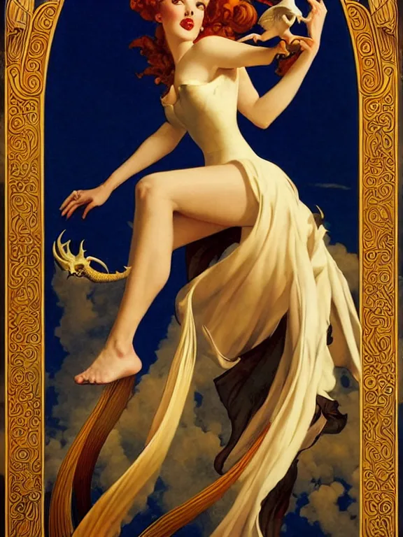 Prompt: Dragon goddess takes flight, a beautiful art nouveau portrait by Gil elvgren and Gerald brom, centered composition, defined features, golden ratio