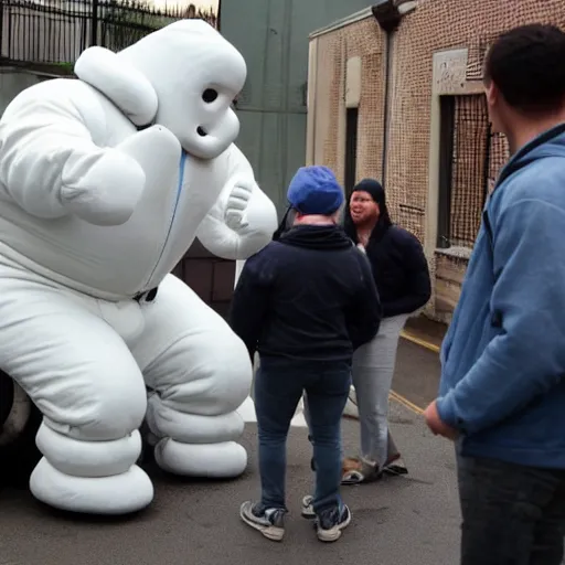 Prompt: the michelin man attempting to sell you illegal narcotics out of his van in a backalley