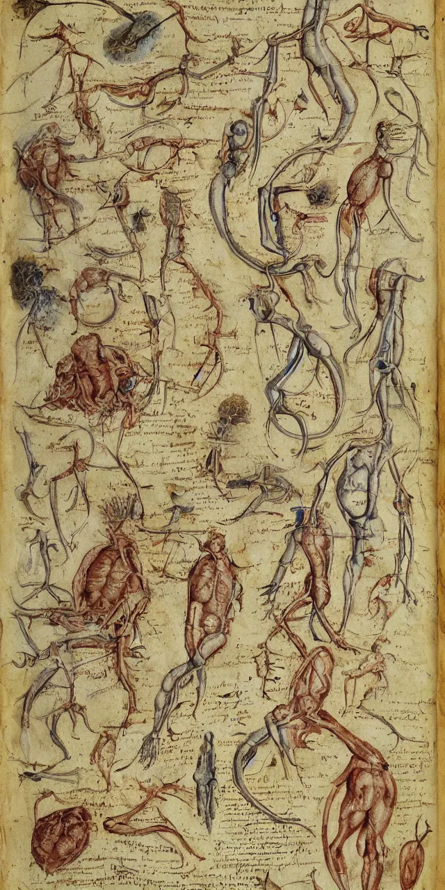 Prompt: an open page of the voynich manuscript, depicting a digital painting of human anatomy by da vinci, paper texture, extremely detailed, professional, hand written notes, epic, full colors