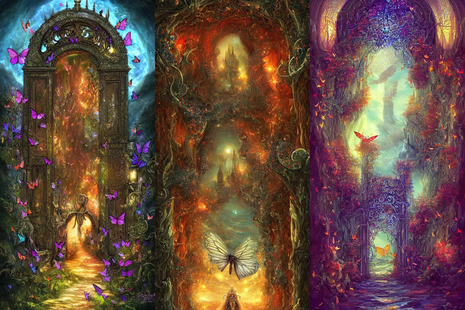Prompt: The gate to the eternal kingdom of butterflies, fantasy, digital art, HD, detailed.