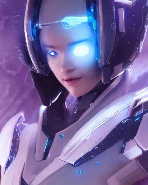 Image similar to perfect android girl on a mothership, warframe armor, beautiful face, scifi, futuristic, galaxy, nebula, raytracing, dreamy, long white hair, blue cyborg eyes, sharp focus, cinematic lighting, highly detailed, artstation, divine, by gauthier leblanc, kazuya takahashi, huifeng huang