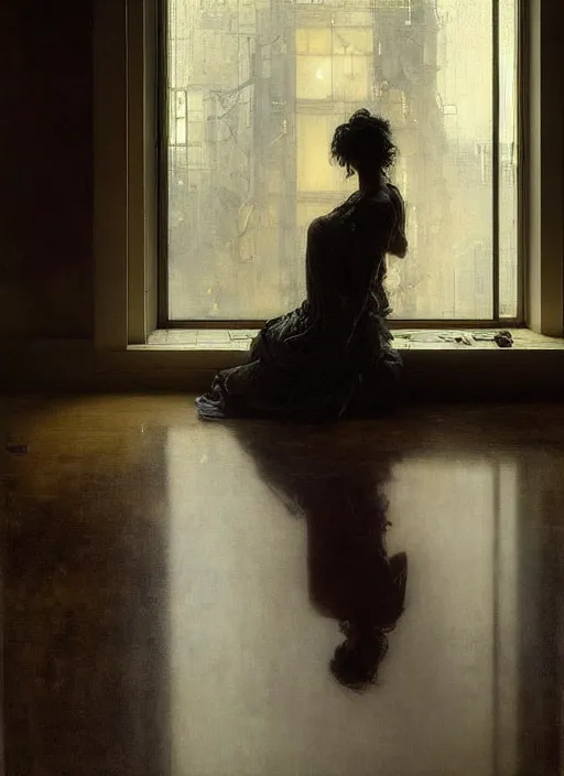 Image similar to a portrait of beautiful woman sitting in the floor, inside a modern apartment, intricate oil painting, hyperdetailed, ominous, ethereal, dramatic lighting, by jeremy mann and ruan jia and lawrence alma - tadema