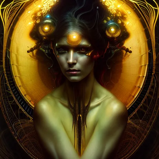 Prompt: extremely psychedelic beautiful cyborg goddess infected by night. intricate, elegant, highly detailed, extremely lifelike photorealistic digital painting, artstation. steichen, gaston bussiere, tom bagshaw, cyberpunk alphonse mucha. elegant minimalism. anatomically correct. sharp focus. gold, black accents. surreal lush cosmic hallucination