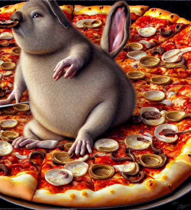 Prompt: hyper realistic derpy looking big chungus eating greasy pizza, pizza is everywhere, weird, strange, bizarre, surreal, epic composition, 2 0 0 mm focal length, painted by donato giancola, insanely quality, highly detailed, masterpiece, artstation, 4 k