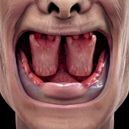 Image similar to horrifying, killer, creepy, dead, open mouth, snapped jaw, detailed, 8 k, hyperrealistic, dramatic lighting, high resolution