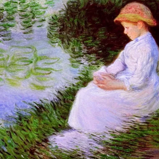 Image similar to girl with curly blonde hair sits next to her white pitbull, sitting on a riverbank watching the sunset, painting by monet