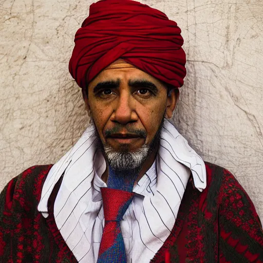 Image similar to portrait of president barack obama as afghan man, green eyes and red turban looking intently, photograph by steve mccurry