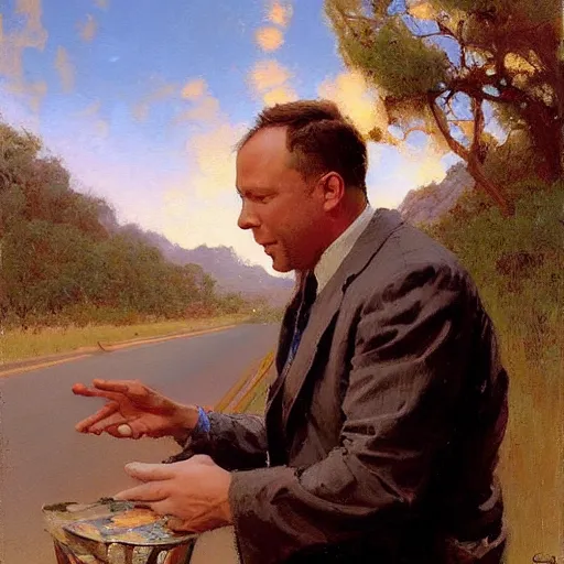 Image similar to alex jones begging for money on the side of the road, highly detailed painting by gaston bussiere craig mullins j. c. leyendecker,