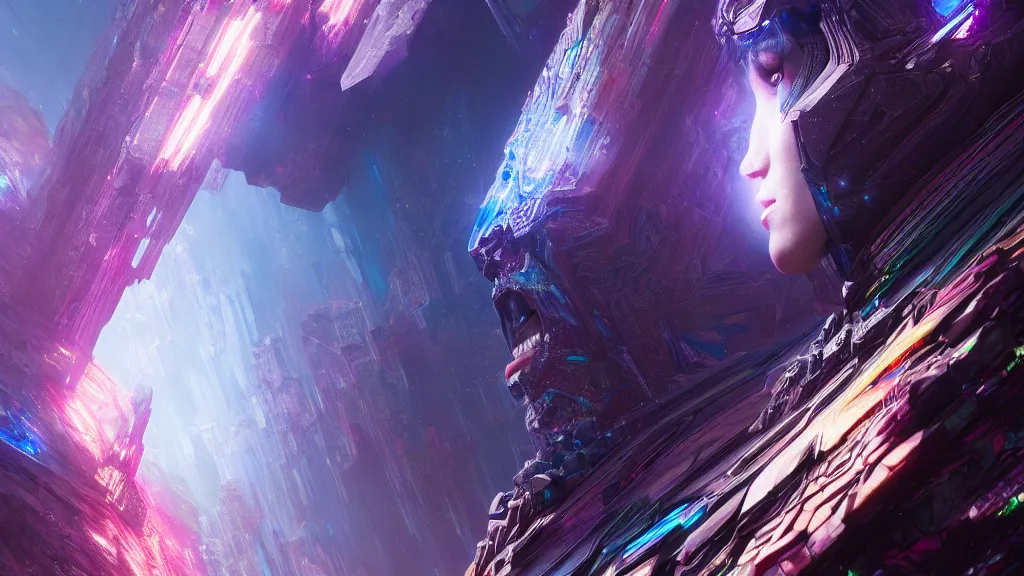 Prompt: giant dmt entity manly rugged goddess hyperspace crystal palace, Wadim Kashin, artgerm, XF IQ4, f/1.4, ISO 200, 1/160s, 8K, RAW, featured in artstation, octane render, cinematic, elegant, intricate, 8k