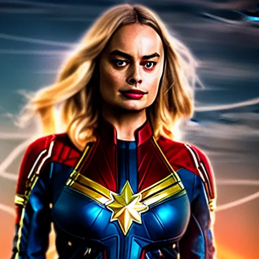 Image similar to Margot Robbie as real-life Captain Marvel, cinematic, Wide-shot, atmospheric lighting, directed by Quentin Tarantino, extreme detail, 8K, movie still