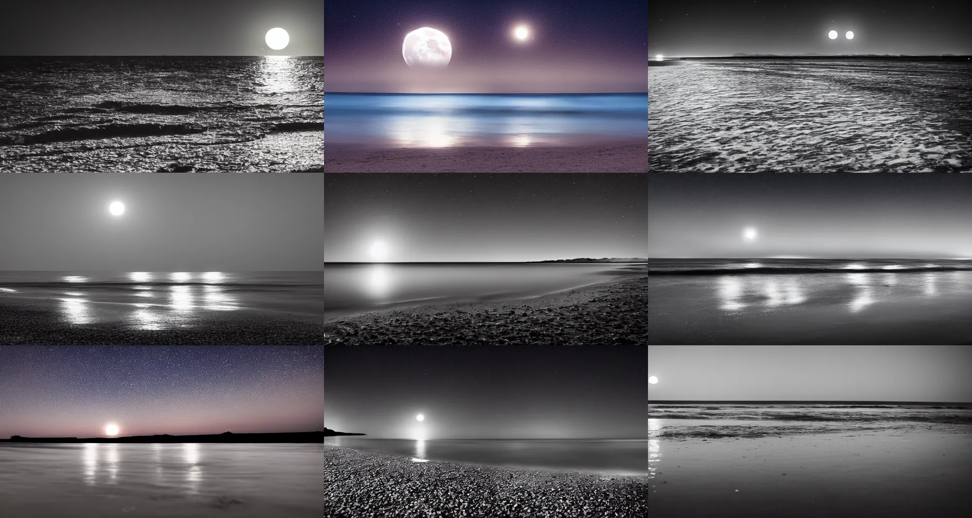 Prompt: huge moon gleaming over the beach shore line, nighttime, black sky, water reflection, waves, dslr, 4 k, flickr, high quality