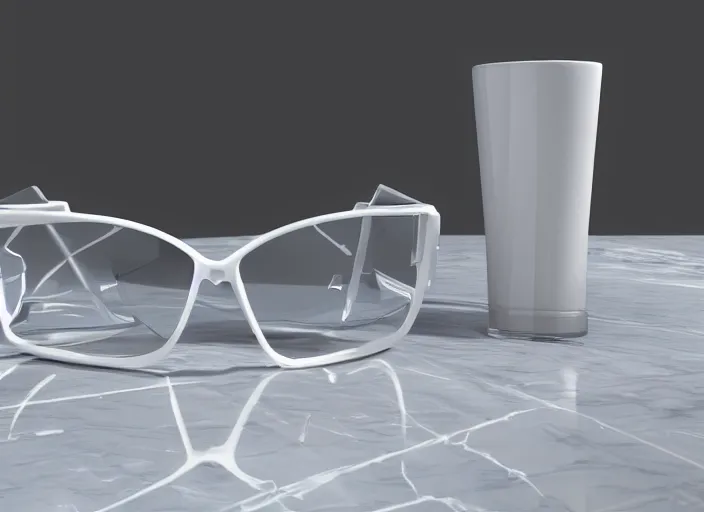 Prompt: white futuristic glasses on a marble table, hyper detailed, 8k resolution, unreal engine 5