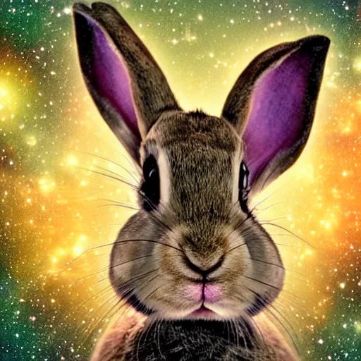 Image similar to rabbit's face only, frontal view, higher realistic, nebula space background
