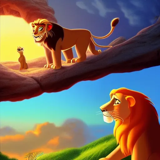 Prompt: the lion king watching the sunset from a cave, digital art, trending on artstation, HDR, Pixar style