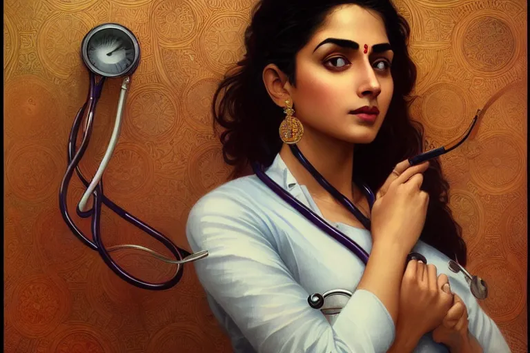 Image similar to sensual pale beautiful indian doctor in jeans with stethoscope, art deco portrait, elegant, intricate, digital painting, artstation, concept art, smooth, sharp focus, illustration, art by artgerm and greg rutkowski and alphonse mucha