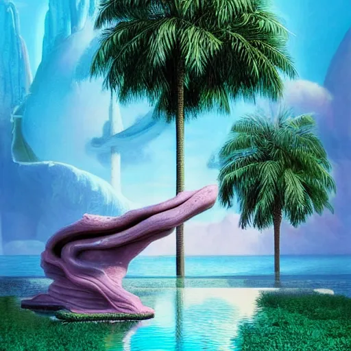 Prompt: masterpiece, hyperrealistic surrealism, award winning masterpiece with incredible details, epic stunning, infinity pool, a surreal vaporwave liminal space, highly detailed, trending on ArtStation, broken giant marble head statue ruins, calming, meditative, pink arches, flowing silk sheets, palm trees, very vaporwave, very very surreal, sharp details, artgerm and greg rutkowski and alphonse mucha, daily deviation, IAMAG, geometric dreamscape