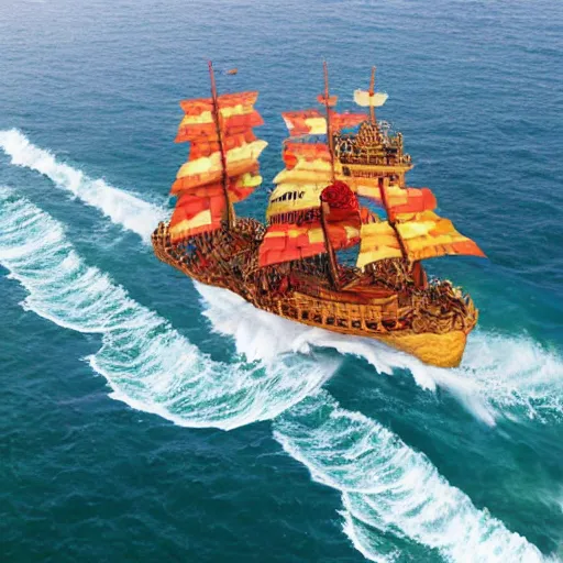 Image similar to thousand sunny ship from one piece, aerial, photorealistic, by professional photographer