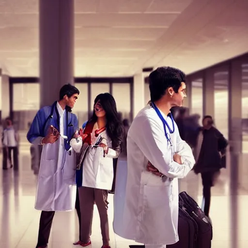 Image similar to Anxious good looking young Indian doctors in American clothes waiting at an airport, by Feng Zhu, highly detailed, excellent composition, cinematic concept art, dramatic lighting, trending on ArtStation