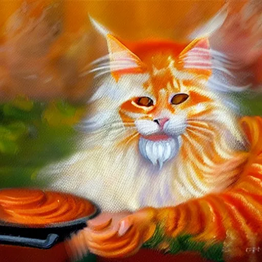 Prompt: beautiful impressionist painting of an orange maine coon with a white beard cooking some sausages on a pan