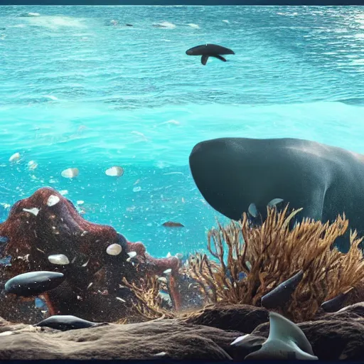 Prompt: ultra realistic underwater photography, panoramic picture of an ocean floor with large baluga whales. focus on the whales. the whales are anatomically correct and highly detailed. lots of bubbles. seaweed and some rocks. gloomy scattered light entering from the water surface, artstation, 8 k