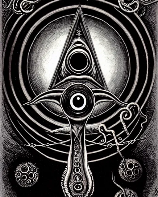 Image similar to photorealistic gothic witchcraft occult illuminate all seeing eye with tentacles, necronomicon, cosmic, by brom