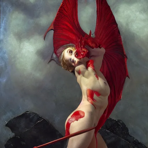 Image similar to the red dragon | highly detailed oil painting, hyperrealistic, very intrincate | cinematic lighting, award - winning | by roberto ferri, gustav klimt, william waterhouse and tom bagshaw | by austin osman spare and william blake, trending on artstation, cgsociety, official art, octane.