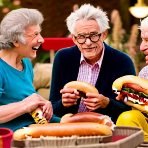 Image similar to a movie still from the antiques roadshow, old people discussing a priceless hot dog, uhd, 8k,