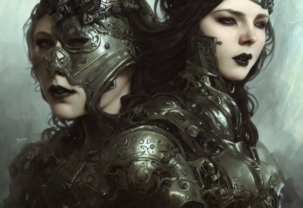 Prompt: beautiful and gothic and evil and dieselpunk young medieval female knight portrait + smoky eyes + front face with light flowing hair, ultradetail face, art and illustration by tian zi and craig mullins and wlop and alphonse mucha, fantasy, intricate complexity, human structure, human anatomy, fantasy character concept, watermark, blurry, hyperrealism 8 k