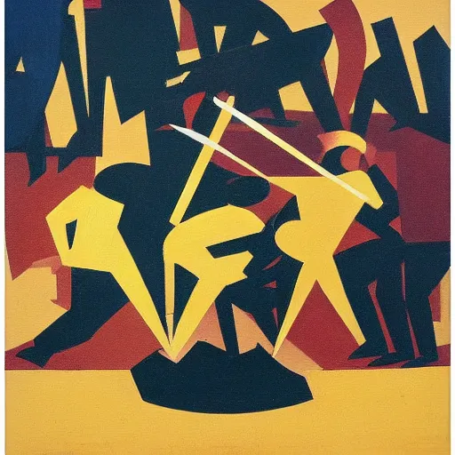 Prompt: oil on masonite painting by aaron douglas of men fighting in a cafeteria