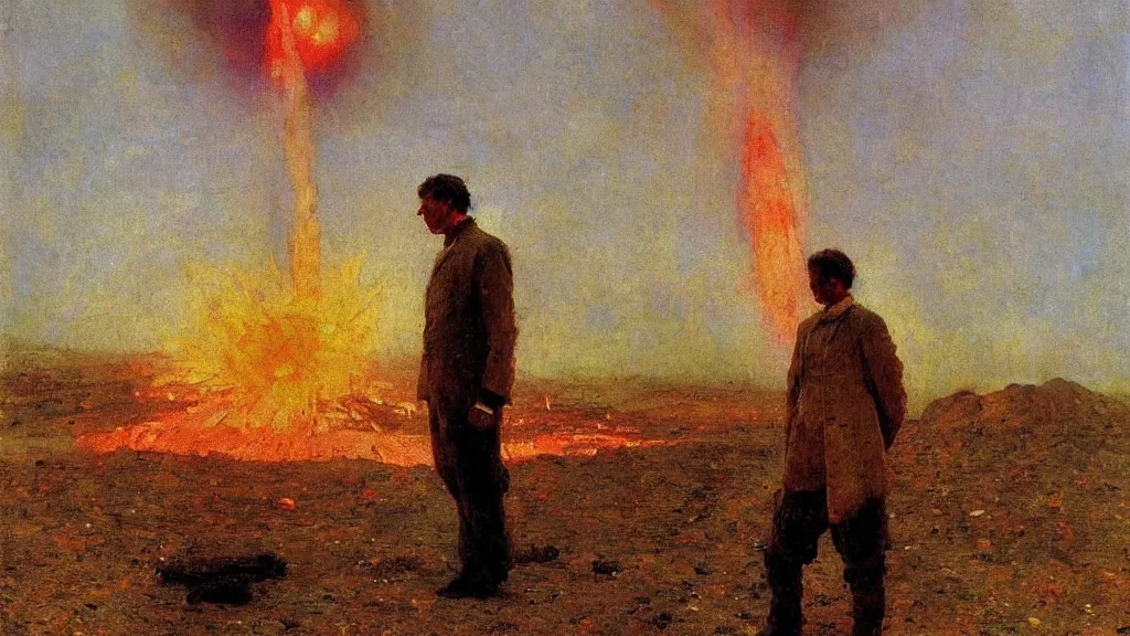 Image similar to high quality high detail painting by ilya repin, man standing in front of huge explosion, hd