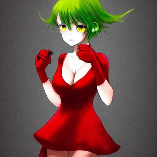 Image similar to a girl wearing a red dress, she has red eyes and green hair, anime art, HD, ambient lighting, artstation, smooth