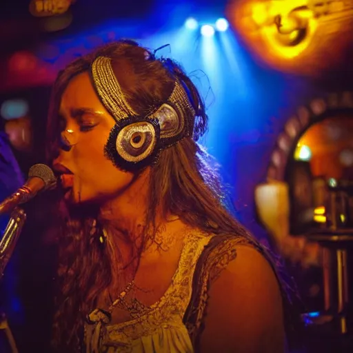 Image similar to a gipsy singer sings a jazz song in a crowded pub, award-winning photograph, dark, golden hour, colorful, night