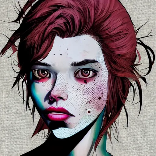 Image similar to Highly detailed portrait of pretty punk zombie young lady with, freckles and beautiful hair by Atey Ghailan, by Loish, by Bryan Lee O'Malley, by Cliff Chiang, inspired by image comics, inspired by graphic novel cover art, inspired by papergirls !! Gradient color scheme ((grafitti tag brick wall background)), trending on artstation