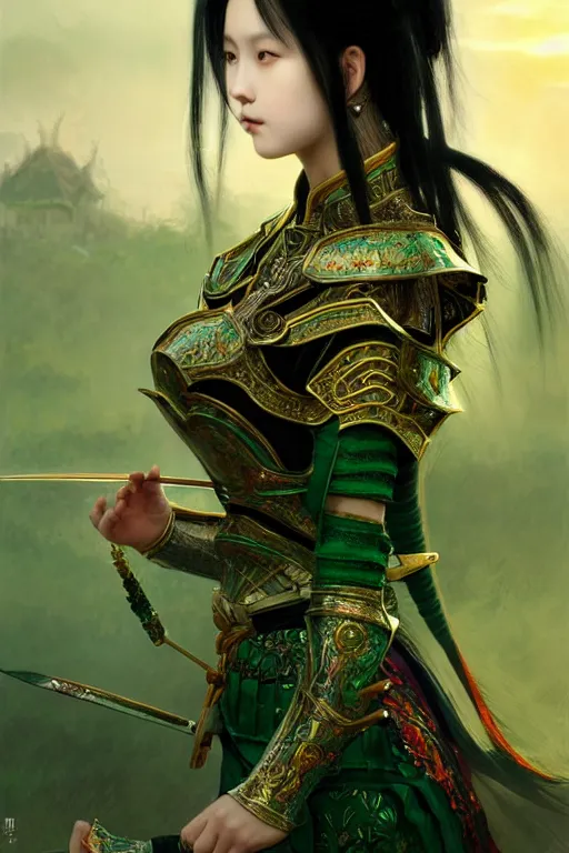 Image similar to portrait black hair young knights of Dynasty Warriors girl, metallic green armor, in ruin fire chinese palace sunrise, ssci-fi and fantasy, intricate and very beautiful and elegant, highly detailed, soft light, artstation, concept art, smooth and sharp focus, illustration, art by tian zi and WLOP and alphonse mucha