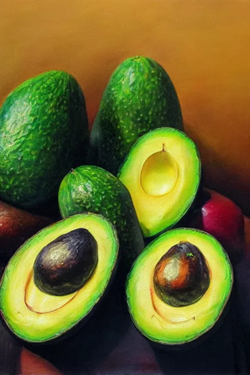 Image similar to A beautiful still life oil painting of Avocados lying on a silk cloth, fog, volumetric lighting, summer, hyperrealistic, colorful, hyperdetailed.