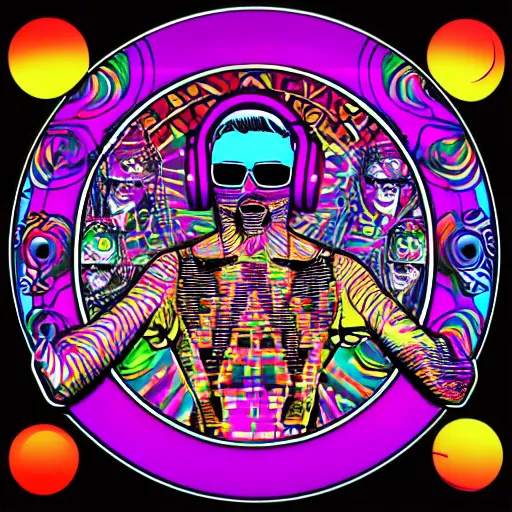 Image similar to svg sticker of a Dancing-Alex-Grey-Psychedelic-Rave-Man, at a rave, spinning records, giant headphones rocking out, wearing headphones, huge speakers, dancing, rave, DJ, spinning records, digital art, amazing composition, rule-of-thirds, award-winning, trending on artstation, featured on deviantart